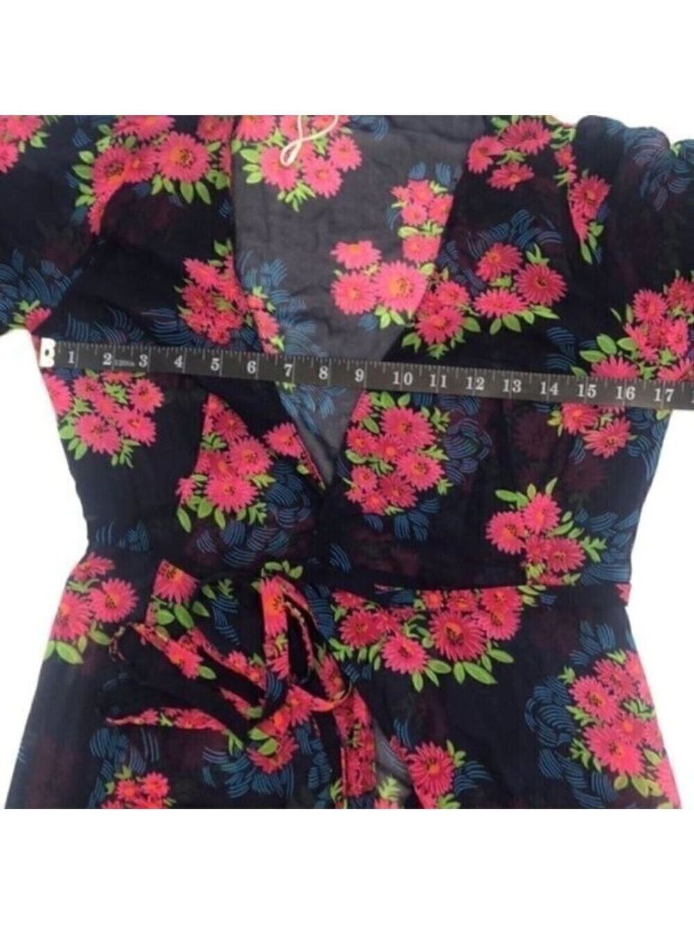 Zara Blue Maxi Wrap Dress Sheer Floral Chiffon V-Neck Short Flutter Sleeve S - Picture 14 of 15